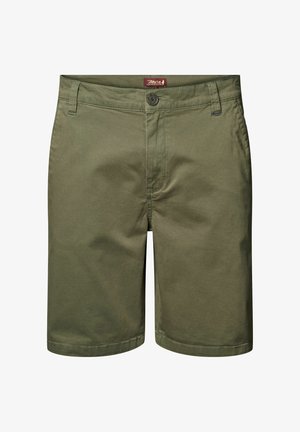 Pantalones cortos verde oliva de algodón, con un frente plano, cierre de botón y presillas para cinturón. Textura suave con detalles de costura mínimos.