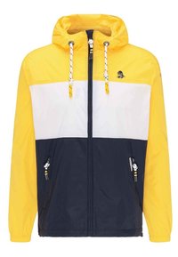 Chaqueta con bloques de color que presenta una capucha amarilla y sección superior, una parte media blanca y una sección inferior azul marino, con bolsillos con cremallera y detalles con cordón.