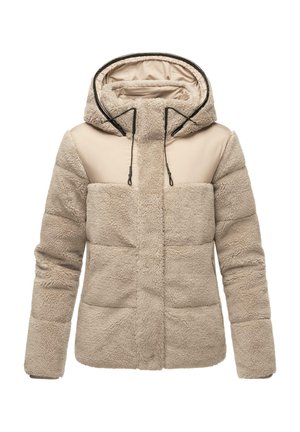 Beige nep bontjack met een crèmekleurig paneel aan de bovenkant, voorzien van een capuchon, verstelbare koordjes en een horizontaal gestikte textuur.