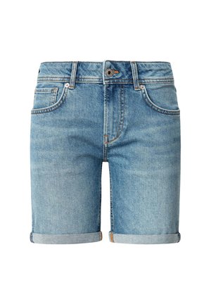 Džínové šortky v svetlom modrom odtieni, so zahnutými manžetami, dizajnom s piatimi vreckami, predným zipsom a zapínaním na gombík. Hladká textúra a klasický strih.