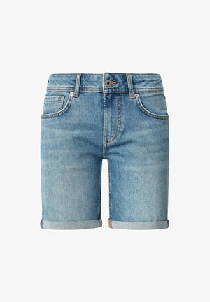 Džínové šortky v svetlom modrom odtieni, so zahnutými manžetami, dizajnom s piatimi vreckami, predným zipsom a zapínaním na gombík. Hladká textúra a klasický strih.