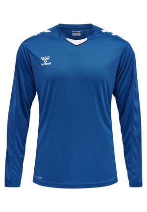 Blauw sporttrui met lange mouwen, gemaakt van gladde stof. Kenmerkt zich door een V-hals en witte accenten op de schouders. Logo op de linkerkant van de borst.