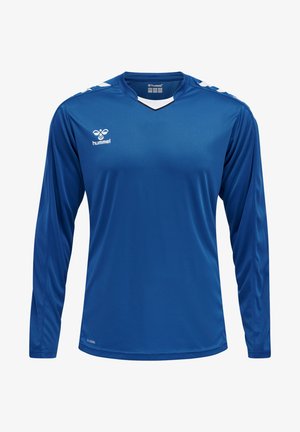 Blaues langärmeliges Sporttrikot aus glattem Stoff. Mit V-Ausschnitt und weißen Akzenten an den Schultern. Logo auf der linken Brust.