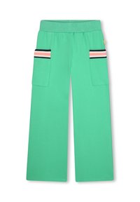 Groene wijde broek met elastische tailleband, voorzien van twee zijzakken die omrand zijn met zwart en versierd met roze en witte strepen.