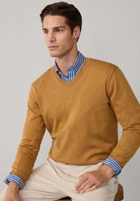 Uomo che indossa un maglione giallo senape a V sopra una camicia a righe blu, seduto su uno sgabello contro uno sfondo grigio uniforme.