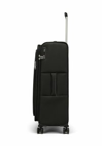 Valise souple noire de forme rectangulaire, avec poignée rétractable, double zip, plusieurs poches intérieures et quatre roues multidirectionnelles.