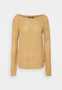 Maglione in maglia giallo senape con scollatura off-shoulder, maniche lunghe e tessuto texturizzato. Design semplice con orlo e polsini a coste.