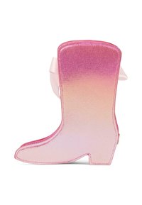 Borsa a forma di stivale da cowboy con gradiente rosa, finitura lucida, texture morbida e dettaglio in nastro di raso. Presenta una base piatta e stabile per una facile conservazione.