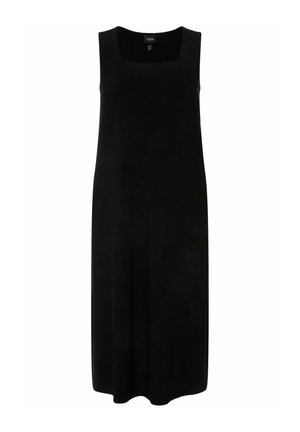 Abito nero senza maniche con scollatura quadrata, realizzato in tessuto liscio, con una vestibilità ampia che arriva poco sopra le caviglie.