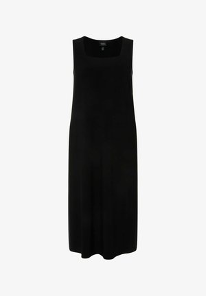 Czarna bezrękawnikowa sukienka o kwadratowym dekolcie, wykonana z gładkiego materiału, charakteryzująca się luźnym krojem, który opada tuż nad kostki.
