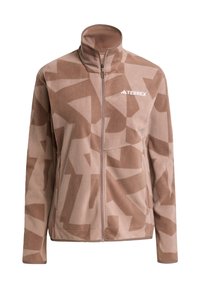 Bruine fleece jas met een volledige rits, hoge kraag en een abstract geometrisch patroon in verschillende bruintinten. Voorzien van een TERREX-logo.