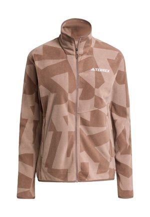 Bruine fleece jas met een volledige rits, hoge kraag en een abstract geometrisch patroon in verschillende bruintinten. Voorzien van een TERREX-logo.