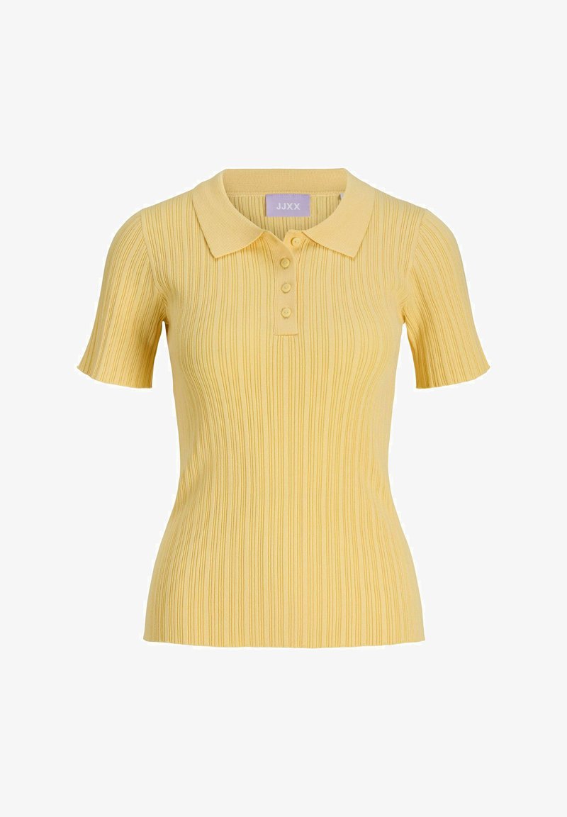 Polo shirt jaune à côtes avec manches courtes, présentant un col net et une patte de boutonnage à quatre boutons. Texture lisse et silhouette ajustée.