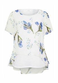 Top floreale a maniche corte bianco con stampe di tulipani blu e piccoli fiori, dotato di orlo curvo e design morbido.