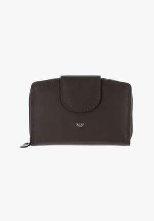 Portefeuille en cuir marron foncé avec rabat à fermeture pression, compartiment latéral zippé et petit logo argenté au centre avant.