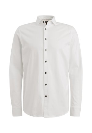 Bijela košulja dugih rukava s kragnom na gumbe, s tamnim gumbima i suptilnim logotipom na prsima. Glatka tekstura i prilagođeni kroj.