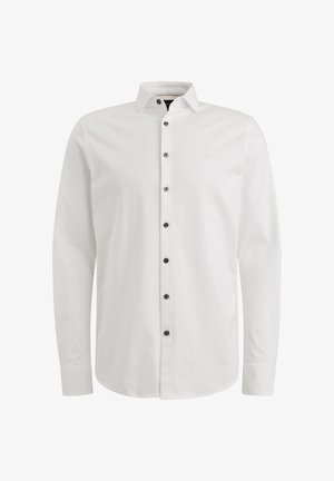 Bela srajca z dolgimi rokavi in gumbastim ovratnikom, z temnimi gumbi in diskretno logotipom na prsih. Gladka tekstura in prilega se.