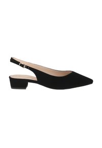 Black suede slingback shoe with a pointed toe, small block heel, and adjustable buckle strap for a secure fit.