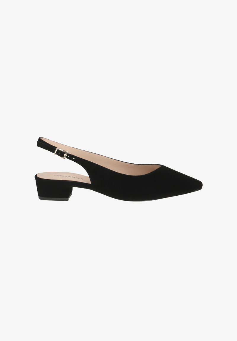 Scarpa slingback nera in suede con punta affusolata, tacco a blocco piccolo e cinturino regolabile per una vestibilità sicura.