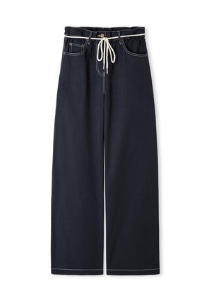 Pantaloni a gamba larga blu navy con cuciture bianche, vita elasticizzata, tasche anteriori e coulisse bianca in vita.