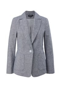 Blazer grigio chiaro realizzato in tessuto testurizzato, con chiusura a due bottoni, due tasche frontali e una fodera interna a fantasia.