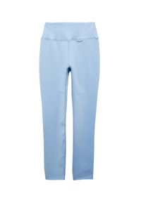 Jasnoniebieskie legginsy z wysokim stanem, z płaskimi szwami, rozciągające się na pełną długość, zaprojektowane do ćwiczeń lub codziennego noszenia.