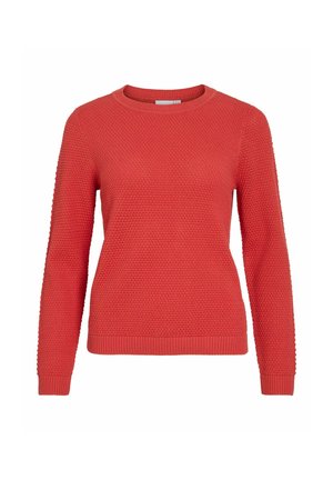 Red knitted sweater with a textured pattern, round neckline, and ribbed cuffs. Long sleeves and a regular fit design.