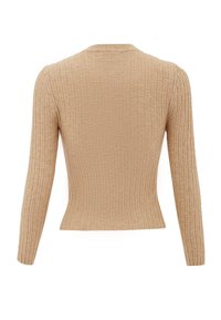 Beige bordás kötött pulóver hosszú ujjal, enyhe V-nyakkivágással és testhezálló fazonnal, textúrált varrással az anyagon.