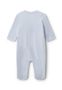Světle modrý bavlněný dětský overal s dlouhými rukávy, kulatým výstřihem a otevřenými nohavicemi. Hladká textura a jednoduchý design, žádné vzory ani akcenty.