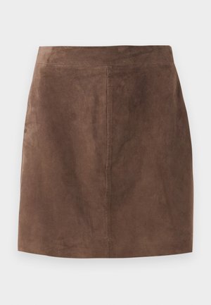 Brown suede skirt with a smooth texture, A-line shape, and simple waistband. Seam detailing runs vertically down the back.