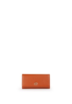Portafoglio in pelle di un ricco colore arancione, forma rettangolare, texture liscia, con un accento del logo dorato sulla parte anteriore.