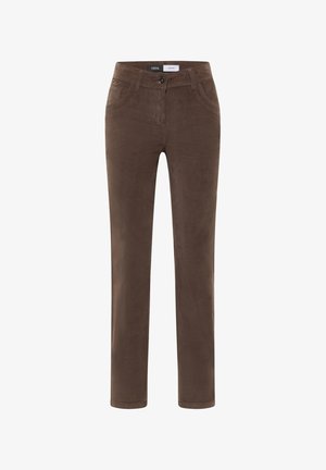 Braune Baumwollhosen mit glatter Textur, schlanker Passform, Fünf-Taschen-Design, Knopfverschluss vorne und Gürtelschlaufen.