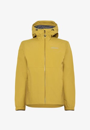 Geel waterdicht jack met capuchon, ritssluiting aan de voorkant, elastische manchetten en twee zijzakken. Voorzien van een subtiel logo op de borst.