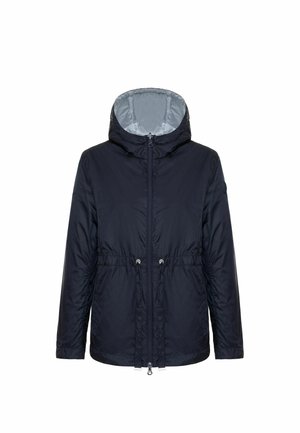 Marineblauwe gewatteerde hoodie met een cinched taille en zilverkleurige accenten. Voering in een contrasterende lichtgrijze kleur.