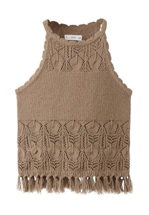 Béžový pletený bezrukávový crop top s vysokým golierom, krajkovými detailmi so vzorom listov a strapcami na spodnom leme.