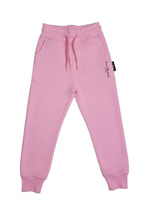 Pantaloni jogger rosa con vita elastica, coulisse, tasche laterali, polsini a coste e piccolo testo del marchio nero sulla coscia sinistra.