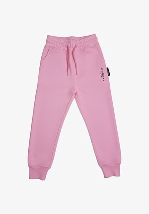 Pantaloni jogger rosa con vita elastica, coulisse, tasche laterali, polsini a coste e piccolo testo del marchio nero sulla coscia sinistra.