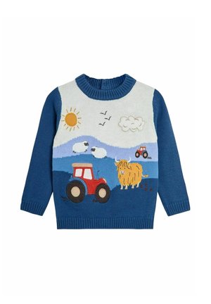 Kinderpullover in Blau mit einer Farm-Szene, die rote Traktoren, Schafe, eine gelbe Kuh, Sonne, Wolken und fliegende Vögel zeigt.