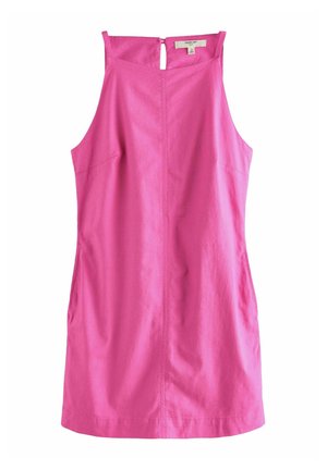 Robe sans manches rose en tissu léger, avec un détail de dos en trou de serrure et des poches latérales, au design droit.
