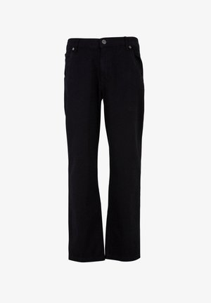 Melni taisni bikses, izgatavotas no kokvilnas, ar priekšējām kabatām, pogu aizdari un smalkiem izšuvumu detaļām.