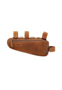Brown leather bike frame bag with a slim design, zip closure, and three adjustable straps for secure attachment.