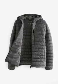 Jachetă căptușită gri cu glugă, având matlasare orizontală, închidere cu fermoar și un buzunar interior. Textură netedă cu un design elegant.