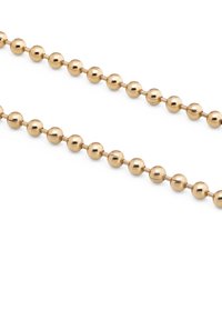 Cadena de cuentas en tono dorado con cuentas redondas y reflectantes, espaciadas uniformemente. Diseño simple, adecuado para llevar en capas o como uso independiente.