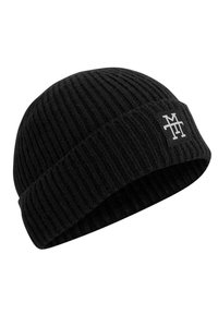 Black knitted beanie with a ribbed texture. Features a folded brim and a rectangular logo patch in white on the front.
