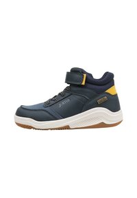 Zapatillas altas en azul marino y amarillo, con una parte superior de cuero suave, un collar acolchado, correa de Velcro y suela de goma con acentos texturizados.