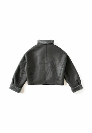 Veste en cuir noir raccourcie avec un col et des poignets en fourrure grise douce. Présente une texture lisse et une coupe structurée.
