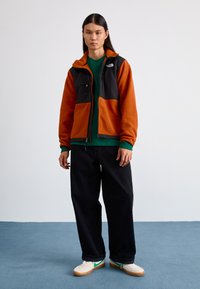 Giacca in pile arancione e nera, con due tasche frontali, zip completa e cappuccio. Indossata sopra una camicia verde e abbinata a pantaloni neri.