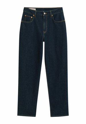 Mörkblå denimjeans med rak passform, femfickdesign, kopparnitar och kontrasterande sömmar. Mjuk tyg med lätt textur.
