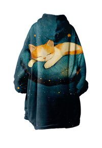 Hooded blanket in soft fabric, featuring a sleeping cat design on a dark starry background with orange and white accents.