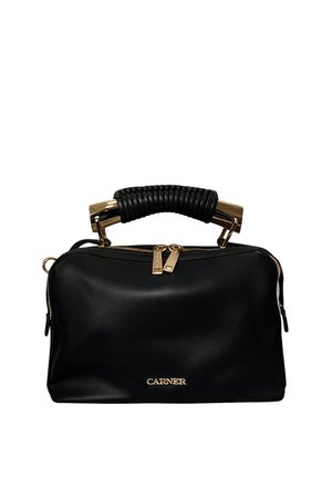 Borsa rettangolare nera con zip dorata, manico nero avvolto e logo "CARVER" dorato centrato sul davanti.